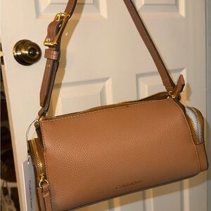 Calvin Klein Camel Pebbled Leather Shoulder Bag with Gold Hardware NWT